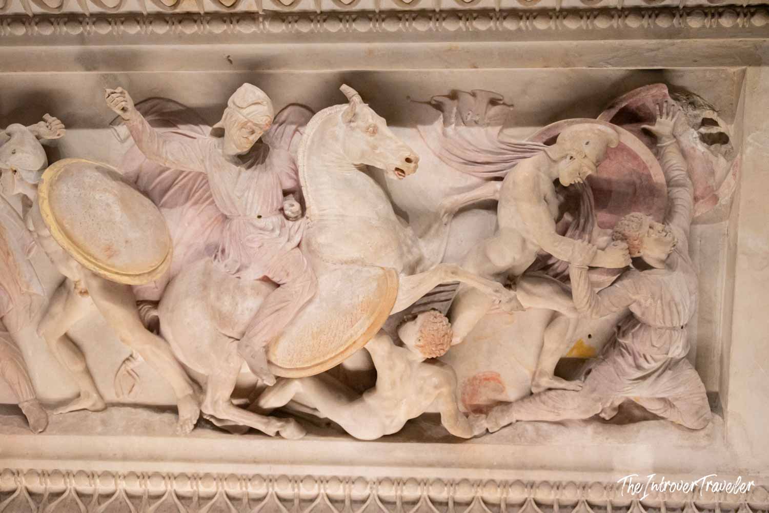 Detailed battle scene relief on the Alexander Sarcophagus, Istanbul Archaeological Museum