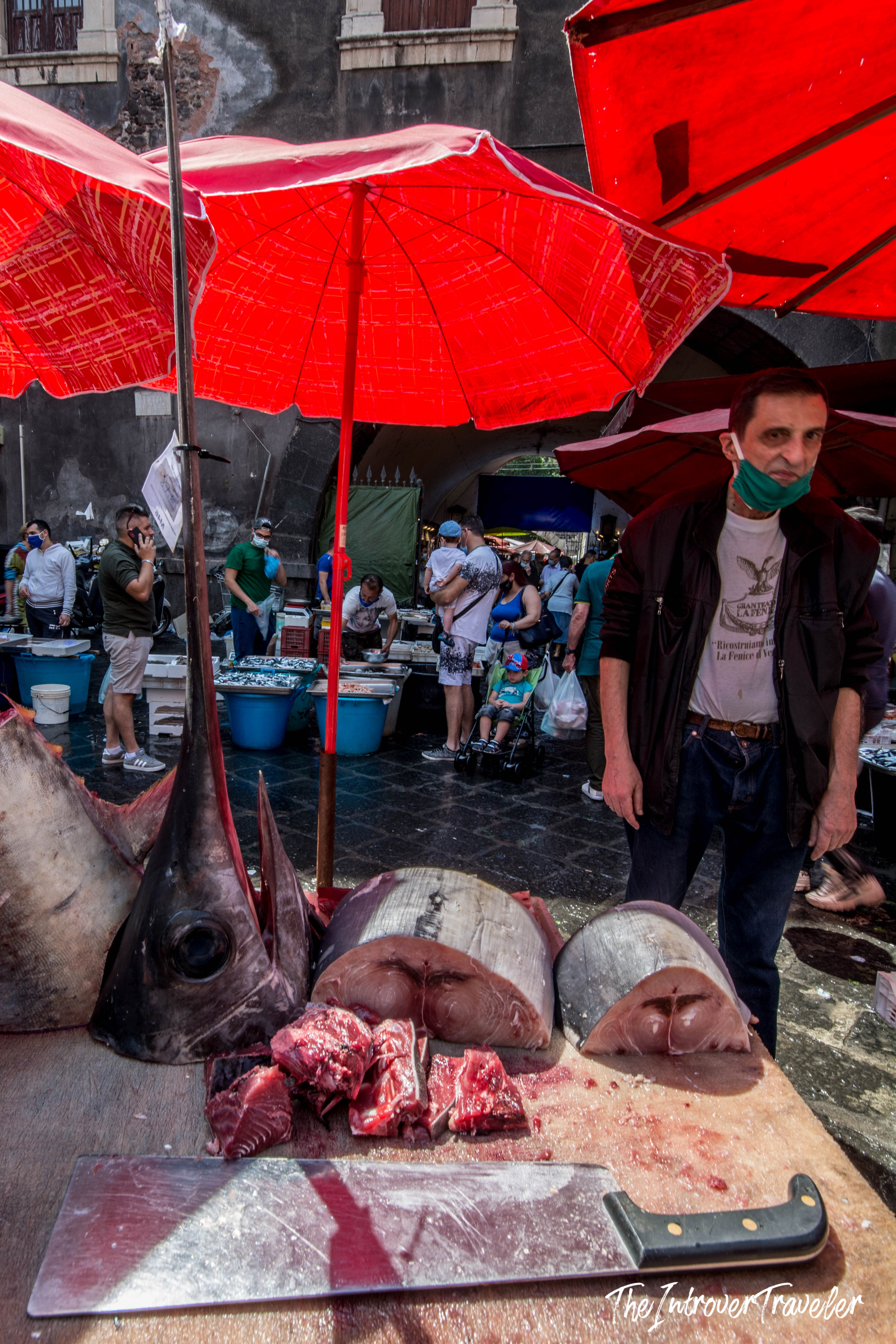 Freshly butchered swordfish on display at Catania's La Pescheria fish market, Sicily