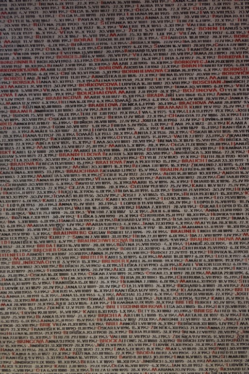 Wall of names listing Jewish Holocaust victims with birth and death dates at Prague's Jewish Memorial