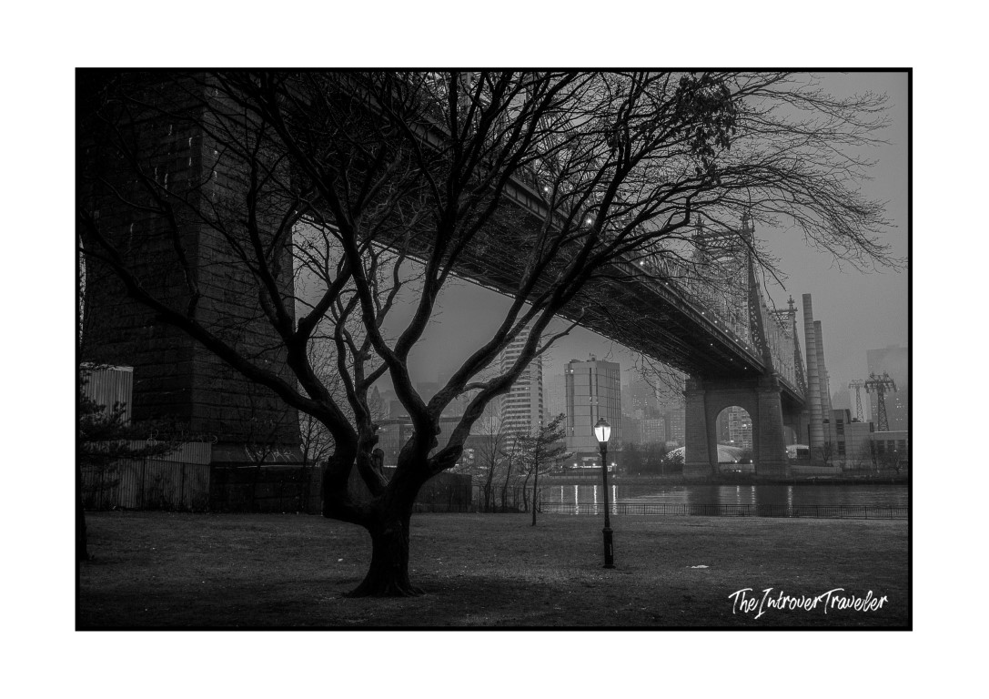 Moody black and white view of the Queensboro Bridge from Roosevelt Island at dusk, December 2024