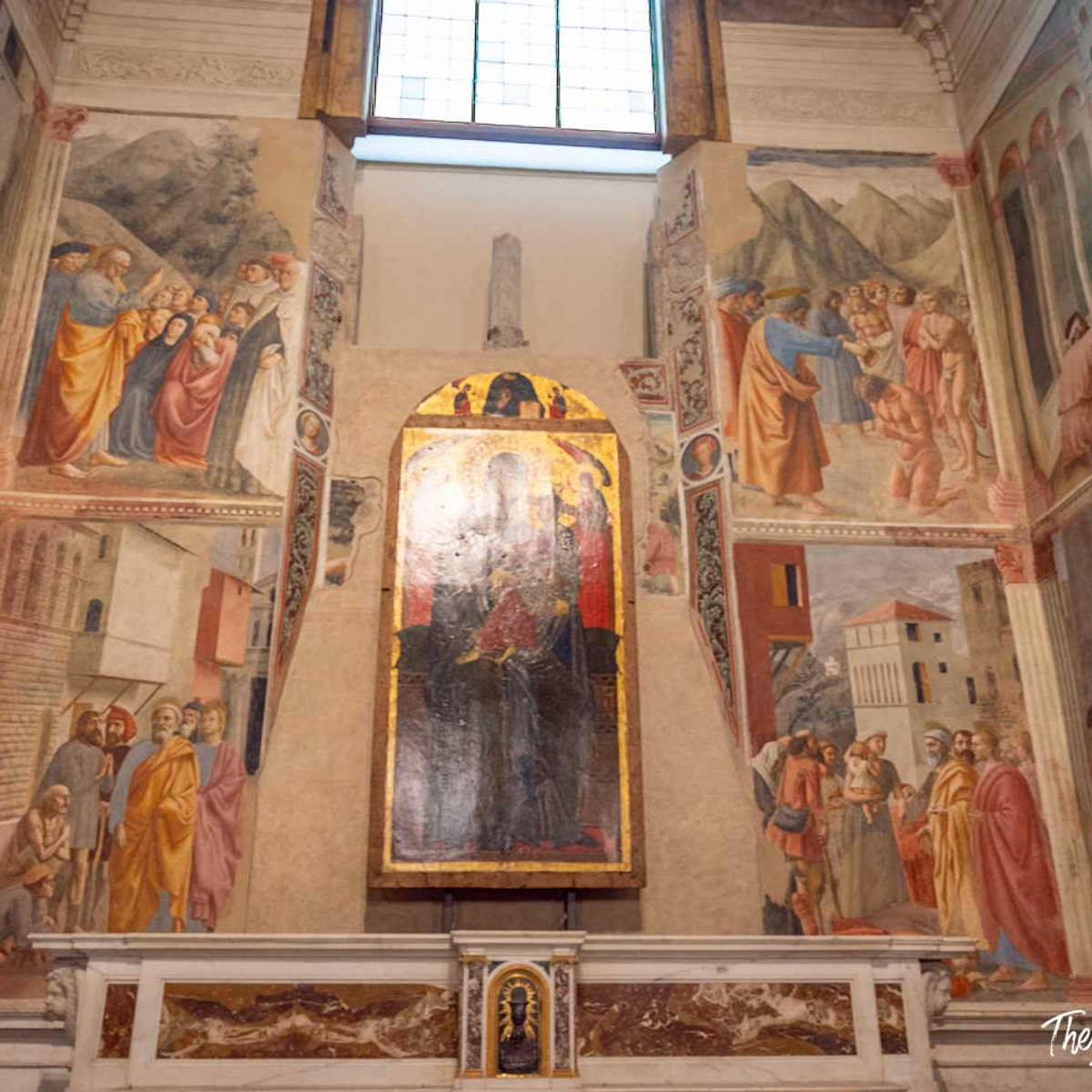 Brancacci Chapel frescoes by Masaccio, with the Madonna altarpiece at center, Florence