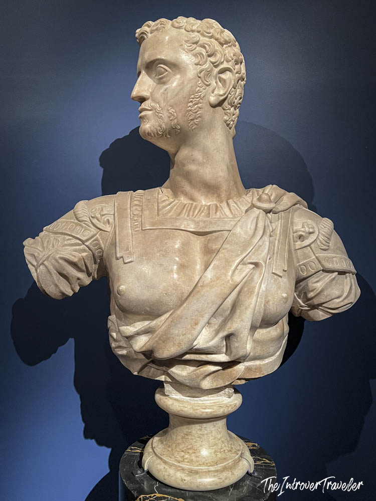 Marble bust of a Roman emperor in military armor on display at the Metropolitan Museum of Art, New York