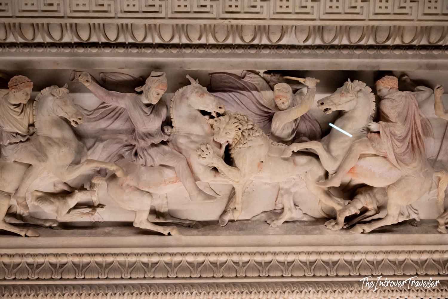 Alexander Sarcophagus relief detail showing a dynamic lion hunt scene, Istanbul Archaeological Museum