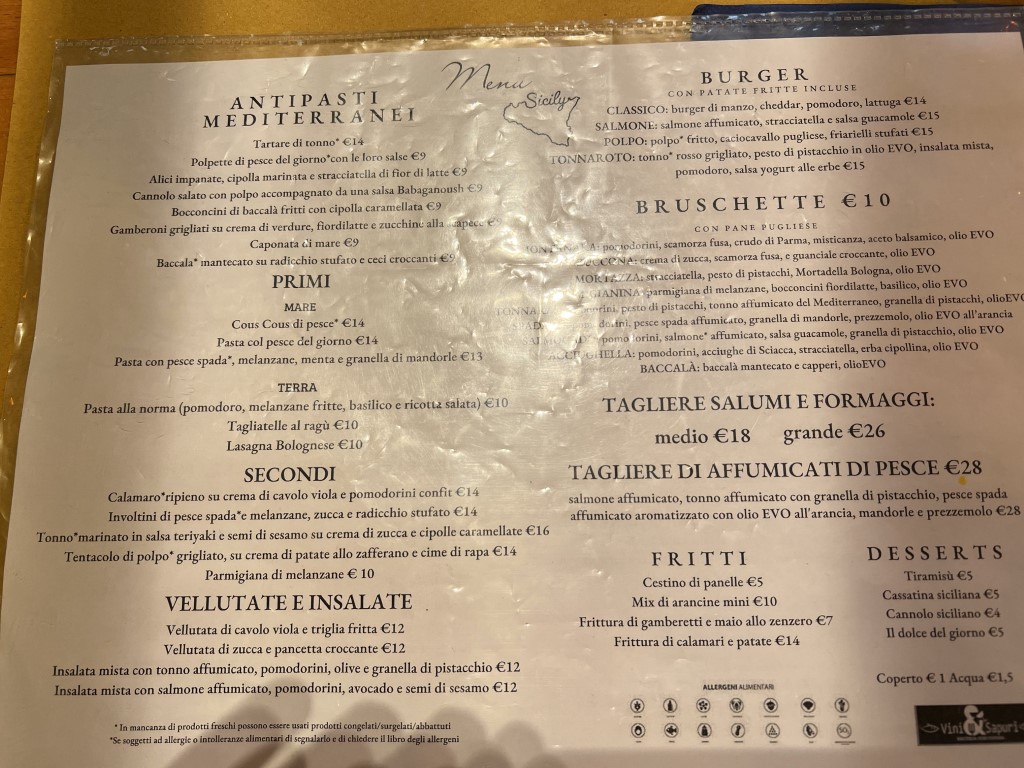 Full menu at Vini e Sapuri, Bologna, featuring Sicilian antipasti, primi, and secondi di pesce