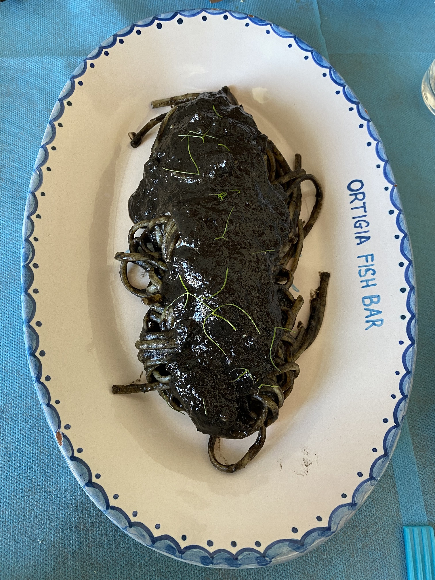 Squid ink tagliolini with cuttlefish at Ortigia Fish Bar, Syracuse, Sicily