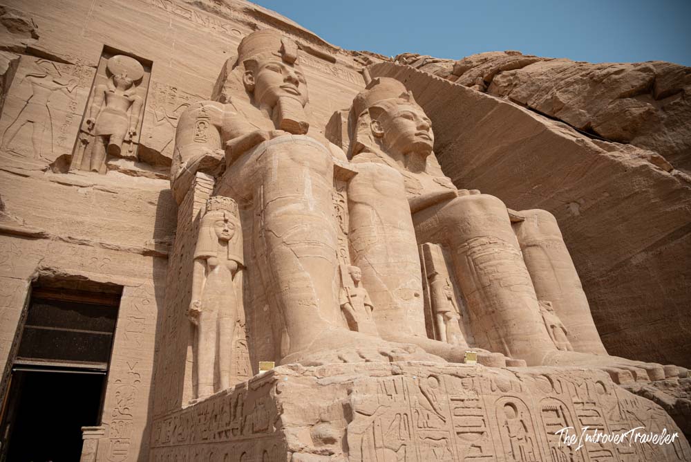 Colossal seated statues of Ramesses II at the Abu Simbel temple facade, Egypt
