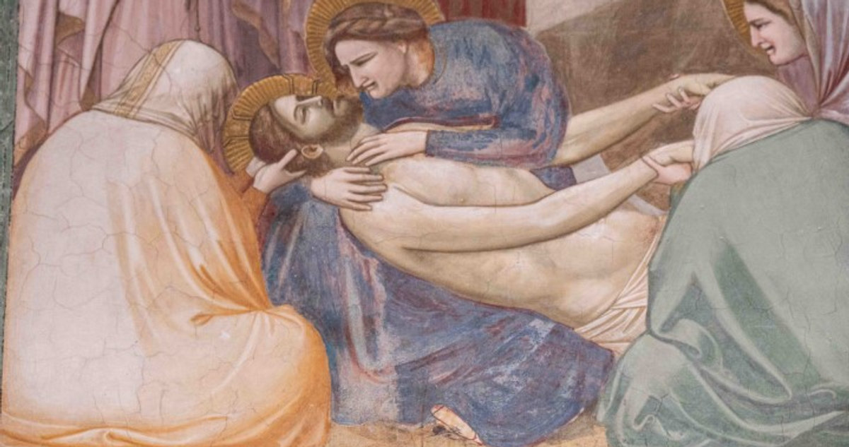 Detail of Giotto's Lamentation of Christ fresco, Scrovegni Chapel, Padua, showing the Virgin mourning Jesus