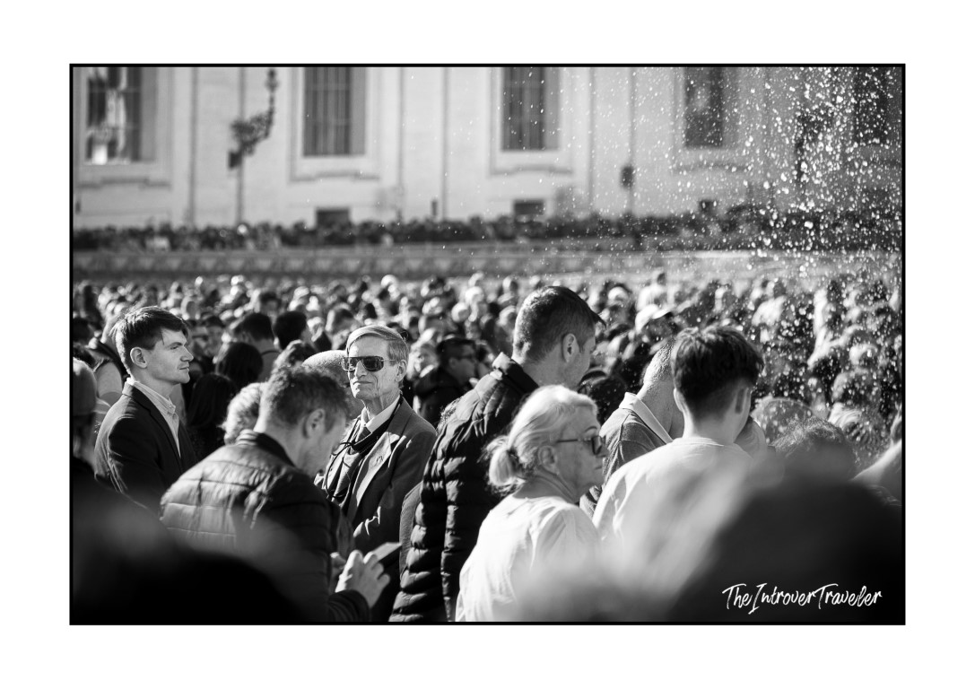 Black and white crowd scene in St. Peter's Square, Rome, gathered for the Sunday Angelus