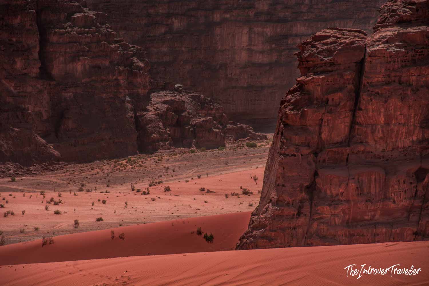 Red sand dunes and towering sandstone cliffs in Wadi Rum desert, Jordan
