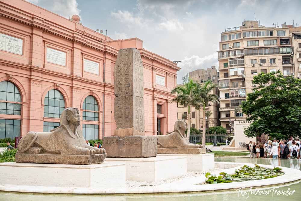 Sphinx statues and obelisk in the garden of the Egyptian Museum, Cairo, Tahrir Square