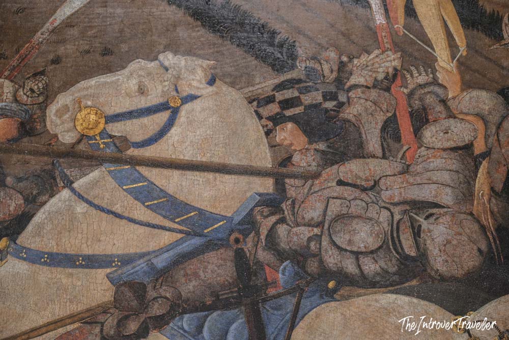 Close-up detail of Paolo Uccello's Battle of San Romano painting at the Uffizi Gallery Florence