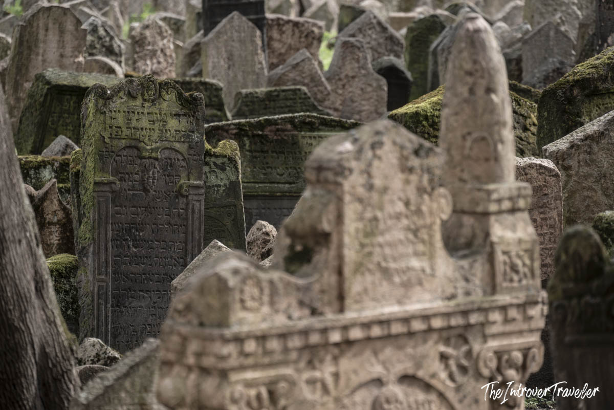Densely packed ancient Hebrew tombstones at the Old Jewish Cemetery in Prague's Josefov quarter