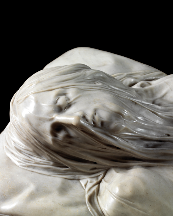 Close-up of the Veiled Christ by Giuseppe Sanmartino, showing the marble veil draped over the face