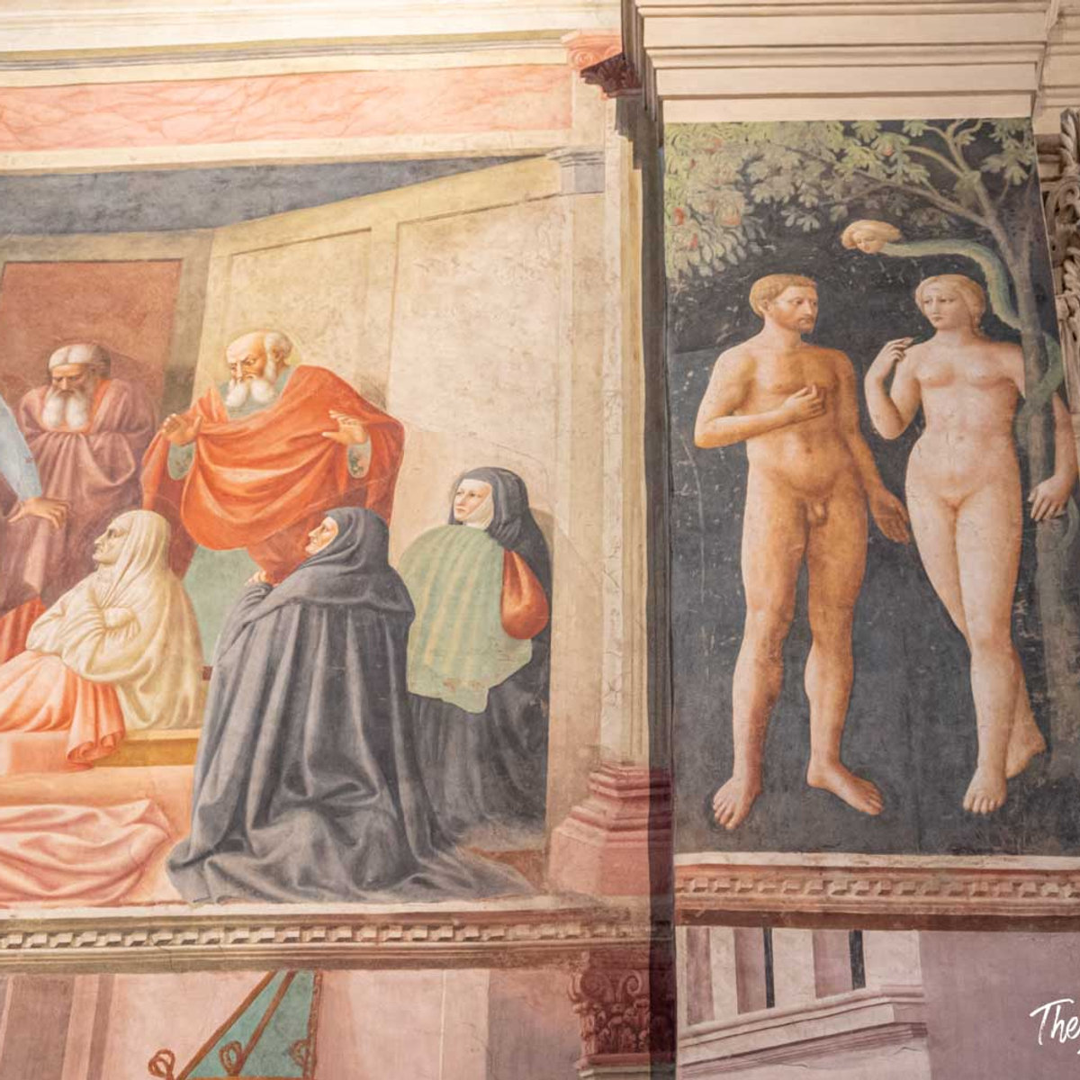 Masaccio frescoes in the Brancacci Chapel, showing the Temptation of Adam and Eve alongside a biblical scene