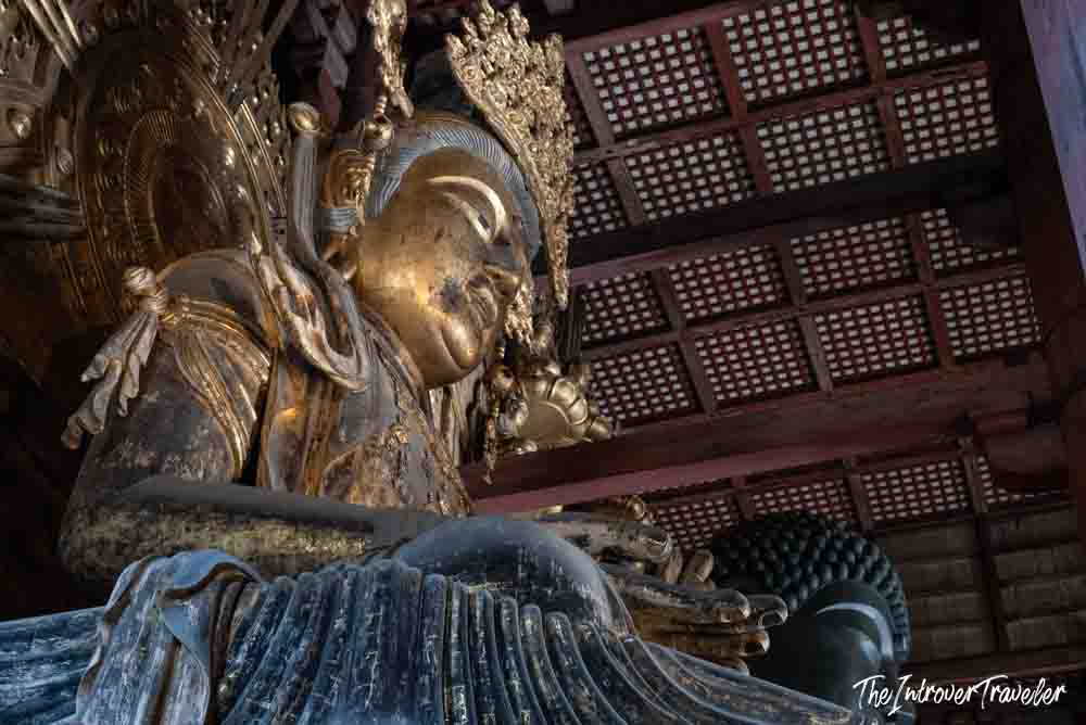 Close-up of the gilded Daibutsu (Great Buddha) inside Todaiji Temple, Nara, Japan