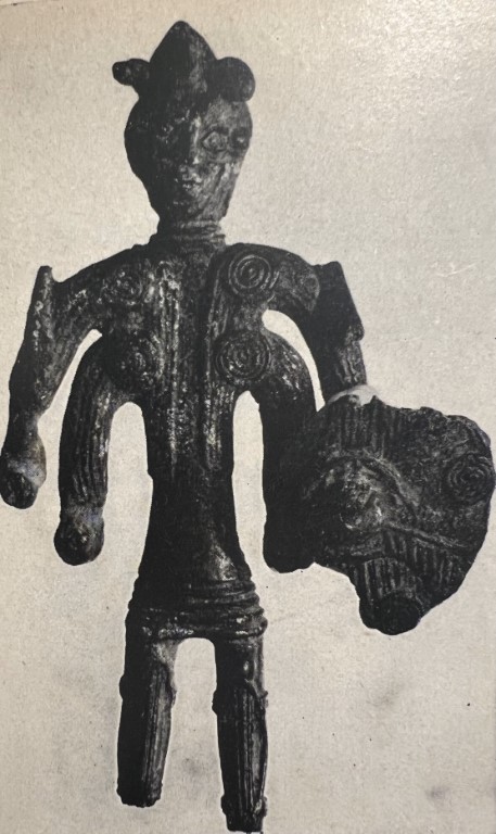 Ancient Nuragic bronze figurine holding a shield, related to Giants of Mont'e Prama research