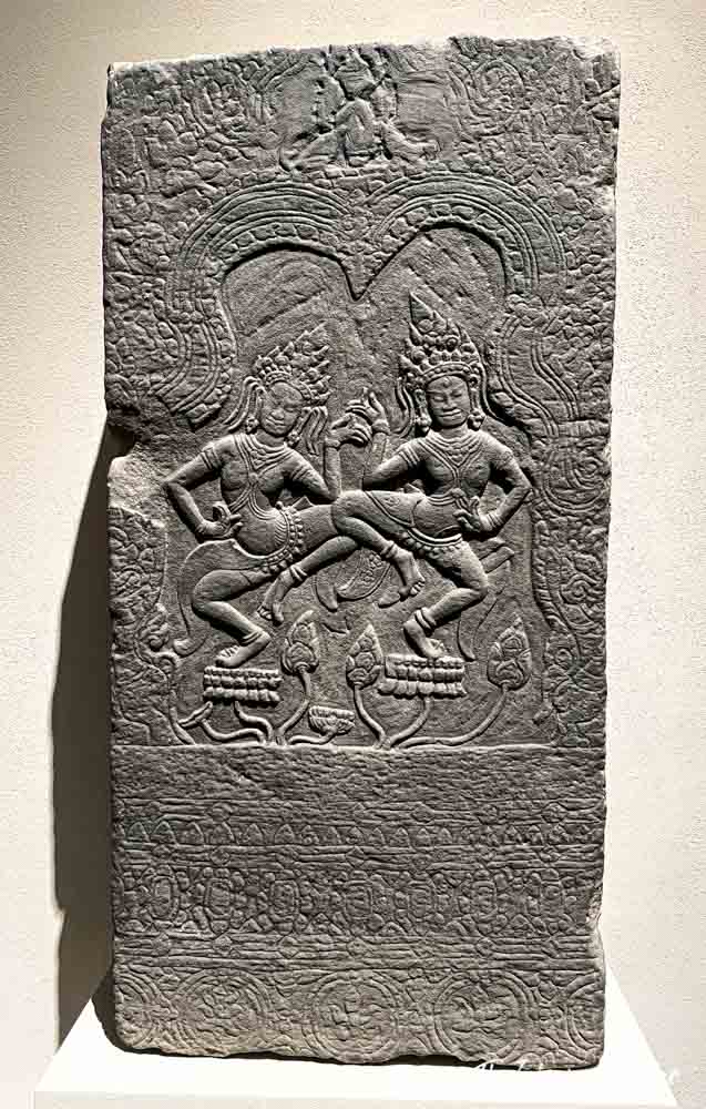 Khmer sandstone relief of two dancing apsaras, Southeast Asian art at the Met New York