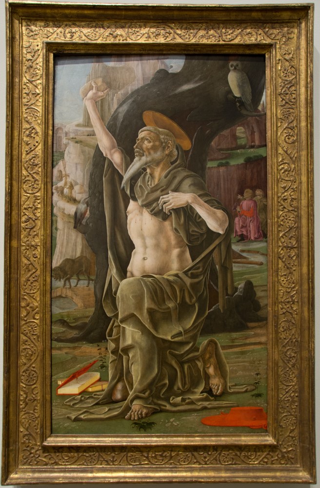 Saint Jerome in the Wilderness painting at the National Gallery London, Renaissance artwork in ornate gold frame