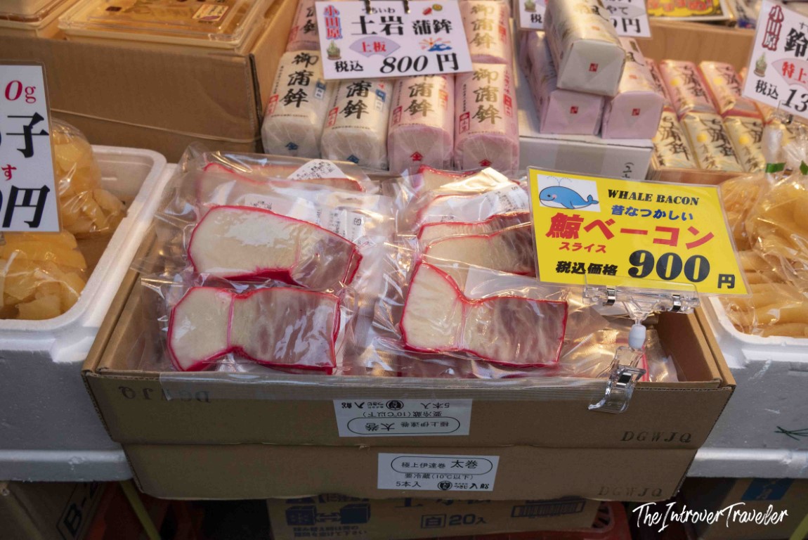 Whale bacon slices for sale at 900 yen in Tsukiji fish market, Tokyo