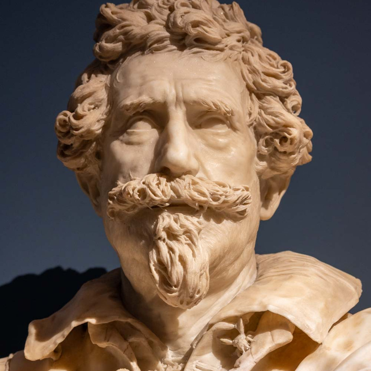 Close-up of Bernini's marble bust, a highlight of the Barberini exhibition in Rome