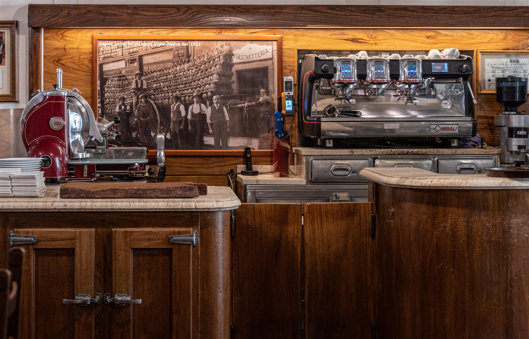 Trattoria Il Latini Florence bar counter with La Cimbali espresso machine and 1911 historic Fiaschetteria photo