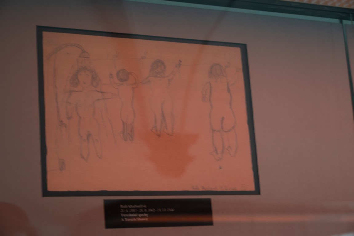 Pencil drawing by Ruth Schachterová, a child prisoner at Terezín, displayed at the Pinkas Synagogue memorial