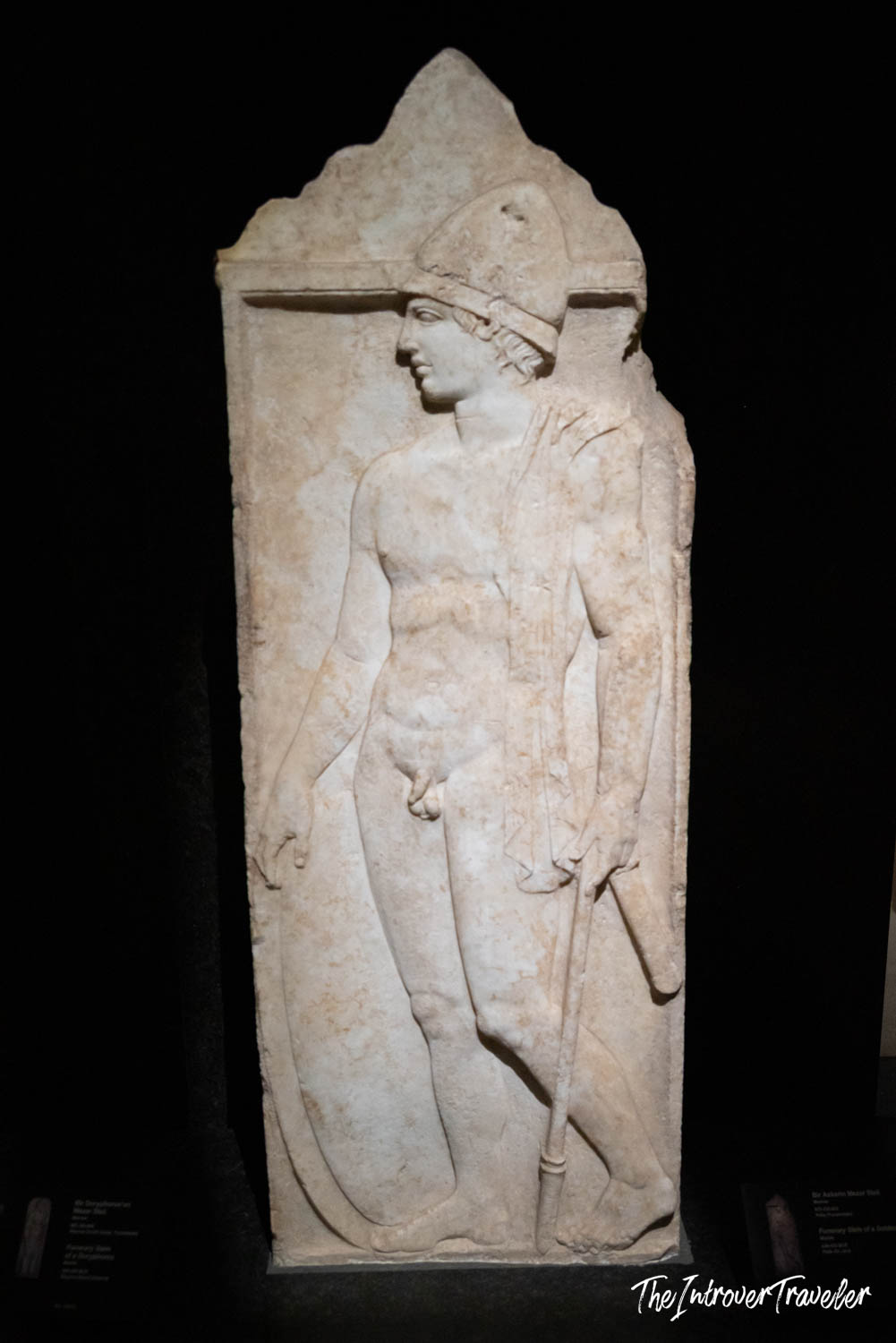 Ancient Greek marble funerary stele of a helmeted warrior, Istanbul Archaeological Museum