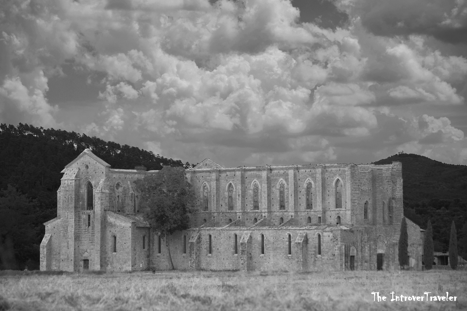 Roofless ruins of the Abbey of San Galgano, a Gothic Cistercian church in Tuscany