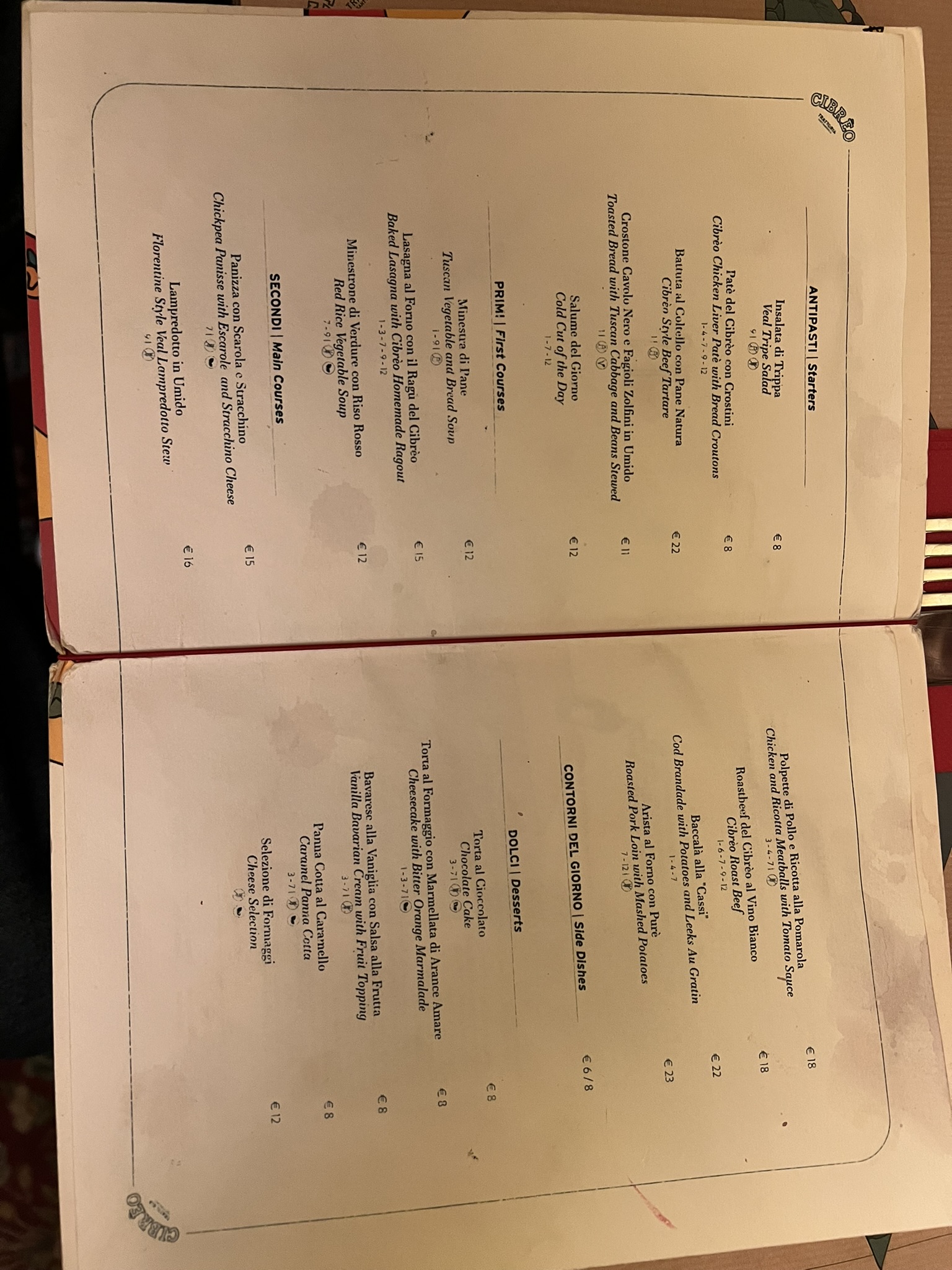 Open menu pages at Trattoria Cibrèo Florence, showing Tuscan antipasti, primi, and dolci with prices