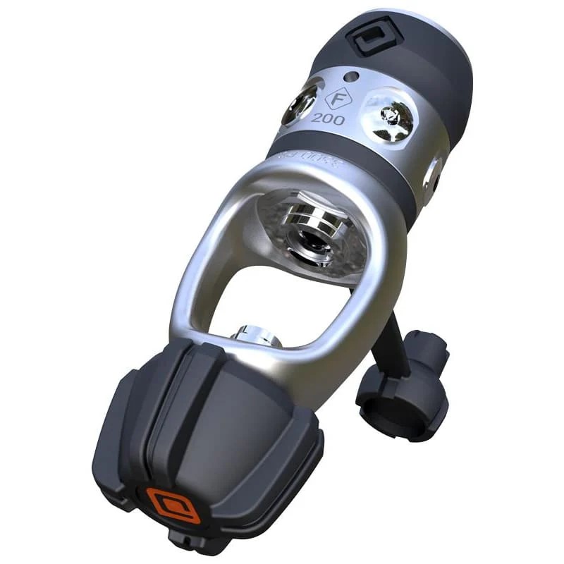 DIN regulator first stage showing F200 valve connection and dual outlet ports for scuba diving