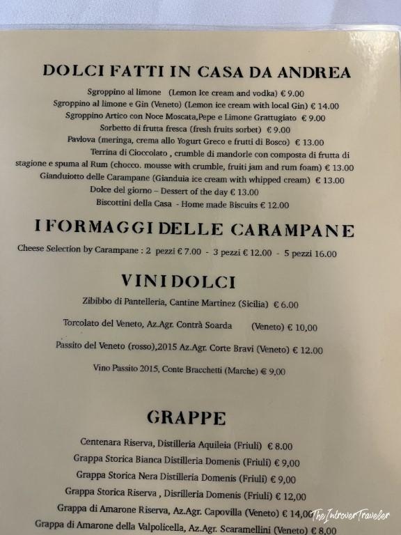 Dessert and wine menu at Le Antiche Carampane, Venice, featuring dolci, formaggi, and grappe
