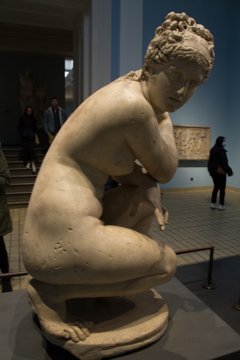 Crouching Aphrodite Roman marble sculpture on display at the British Museum in London