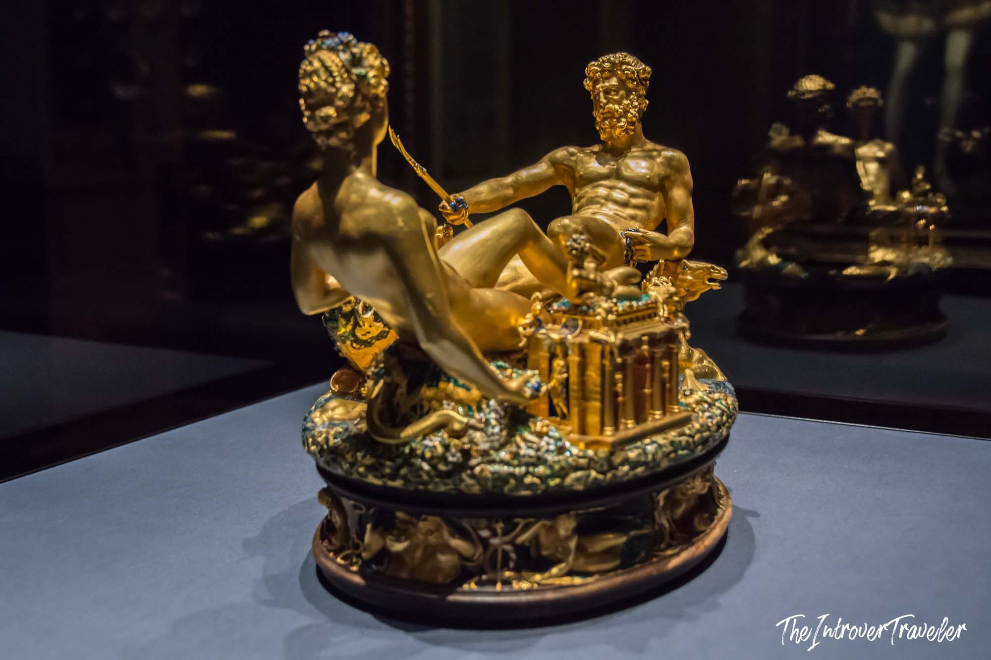 Cellini's gold Salt Cellar of Francis I, showing Neptune and Tellus figures with enamel base, Kunsthistorisches Museum Vienna