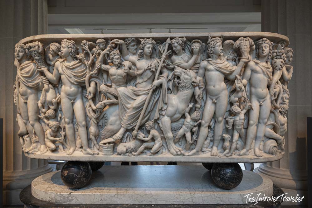 Ancient Roman marble sarcophagus with Dionysus relief carvings, on display at the Metropolitan Museum of Art