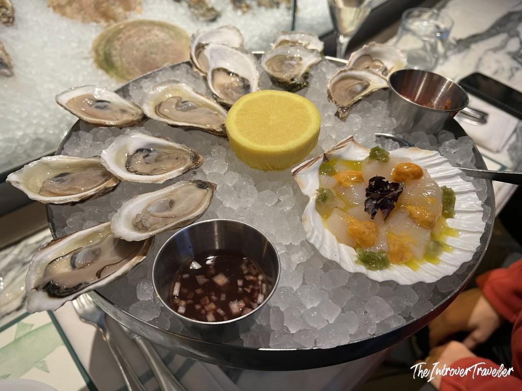 Fresh oysters and scallop ceviche on ice at Fulton Fish Bar, Pier 17 New York