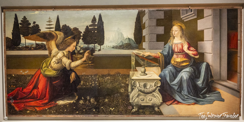 Annunciation by Leonardo da Vinci, a Renaissance masterpiece at the Uffizi Gallery Florence
