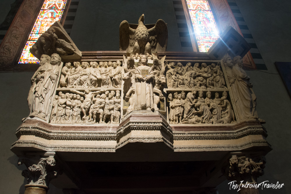 Giovanni Pisano marble pulpit with biblical relief carvings inside Sant'Andrea church, Pistoia