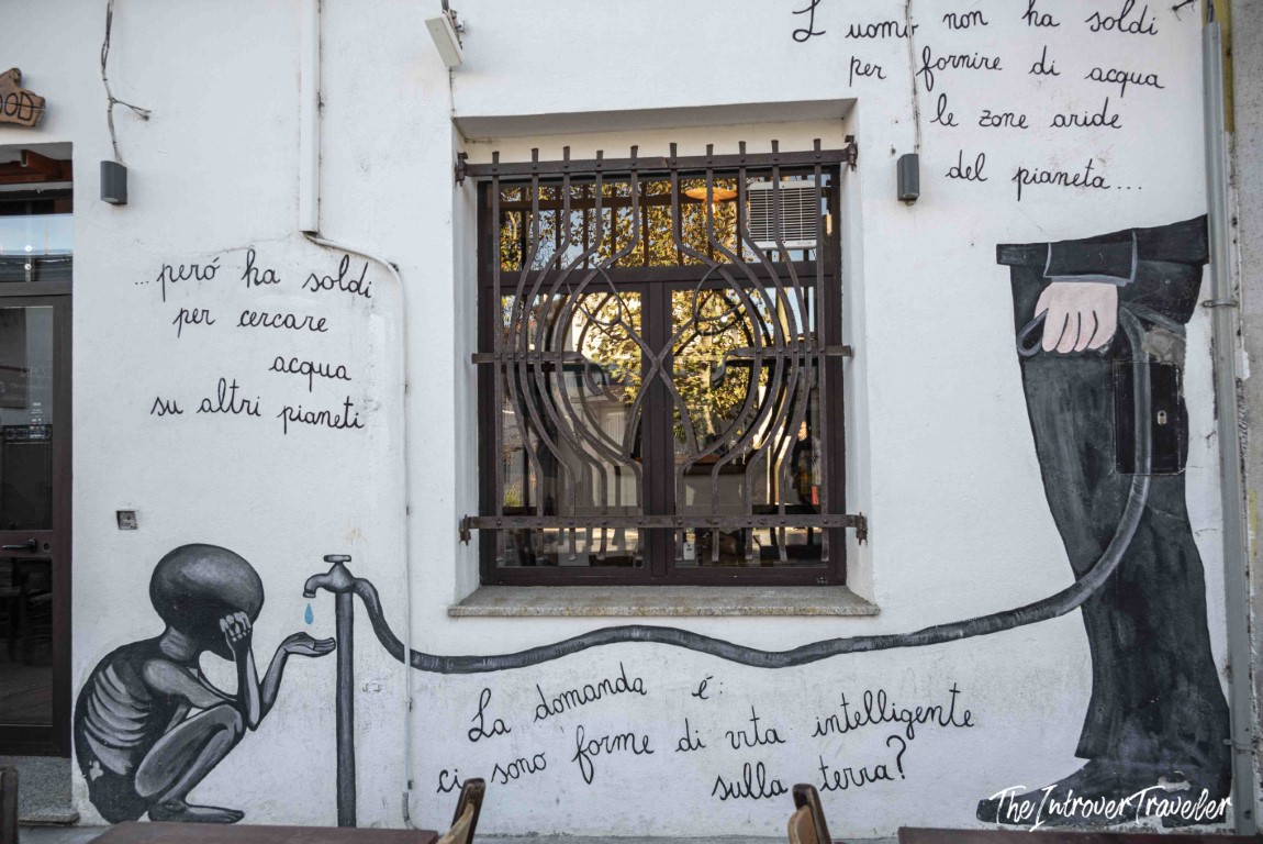 Political street mural in Orgosolo, Sardinia, questioning water access and human intelligence