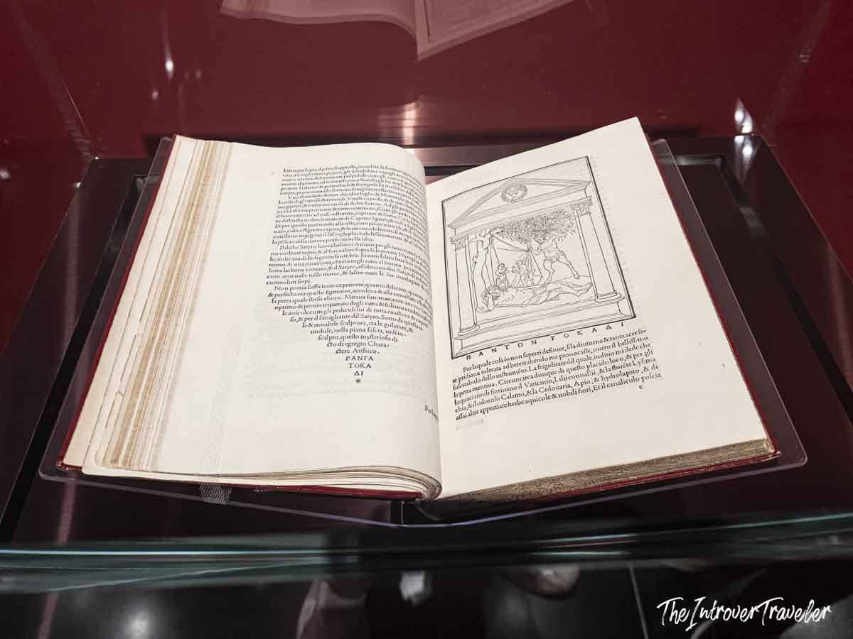 Hypnerotomachia Poliphili open to an illustrated page, on display at the Accademia Gallery Venice