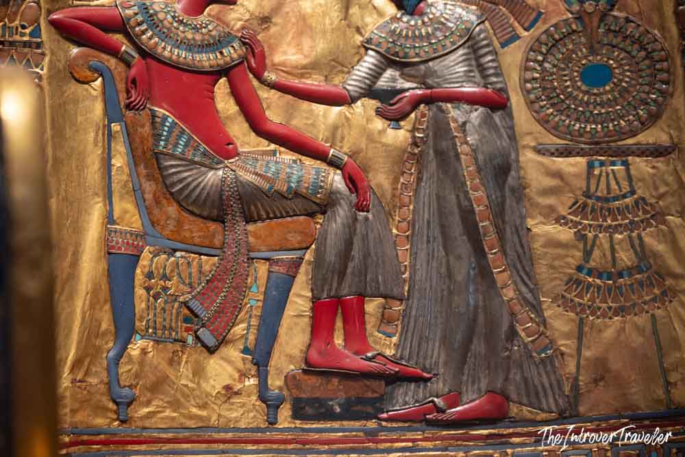 Golden throne of Tutankhamun, detail showing Ankhesenamun anointing the pharaoh, Egyptian Museum Cairo