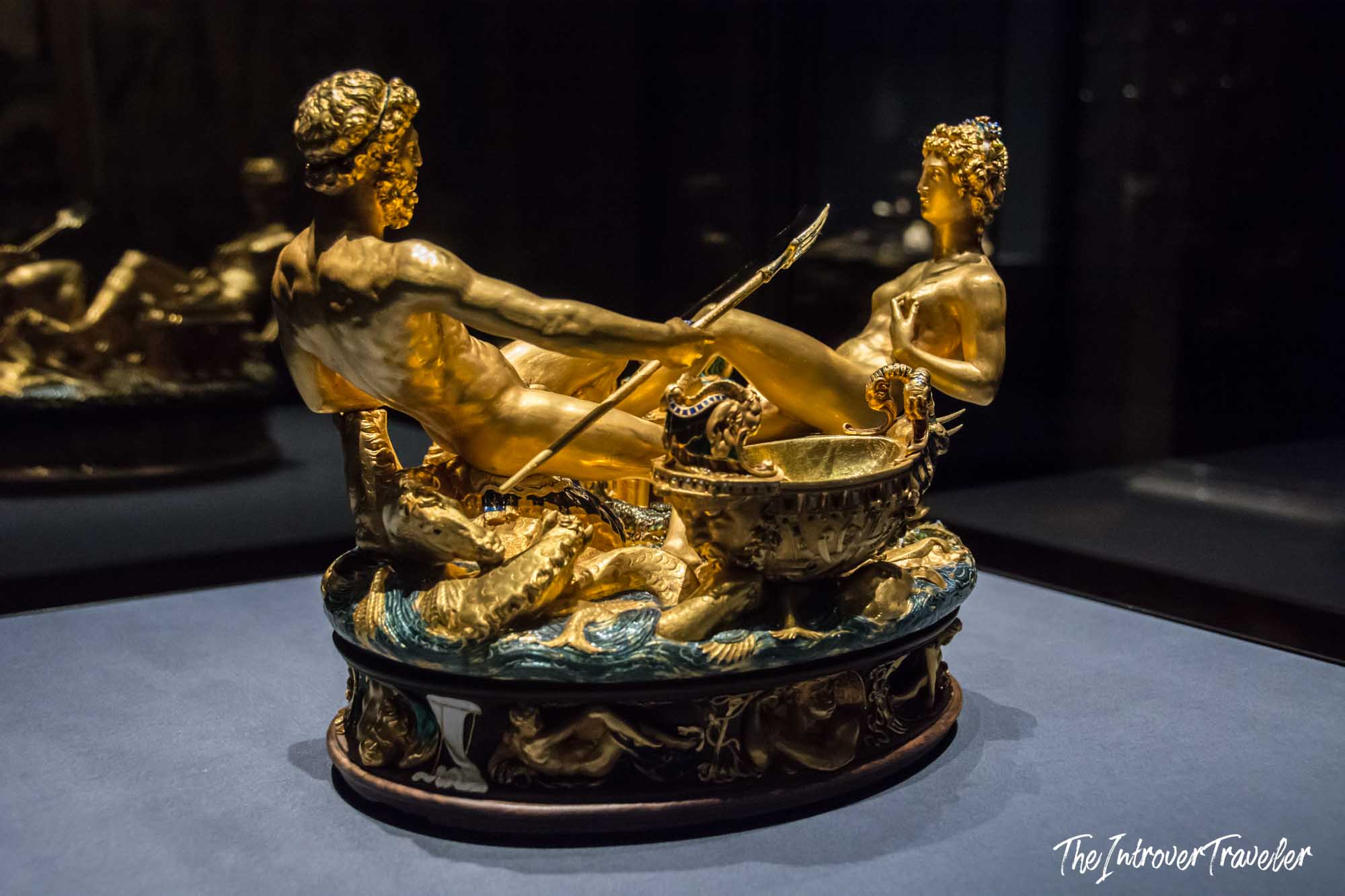 Cellini's Saliera gold salt cellar showing Neptune and Tellus, displayed at the Kunsthistorisches Museum Vienna