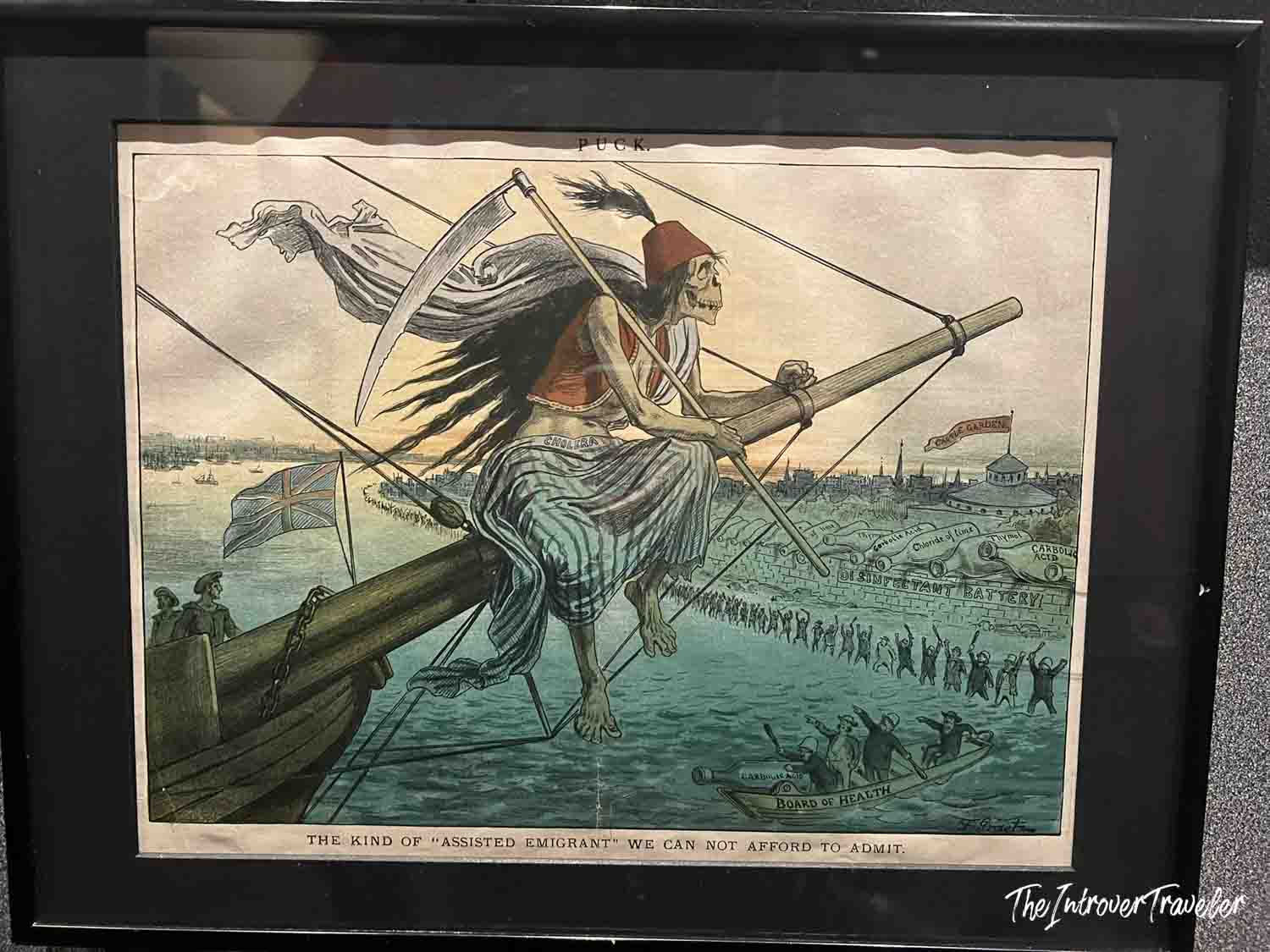 Puck magazine cartoon showing Cholera as a skeleton arriving by ship, on display at Ellis Island Immigration Museum