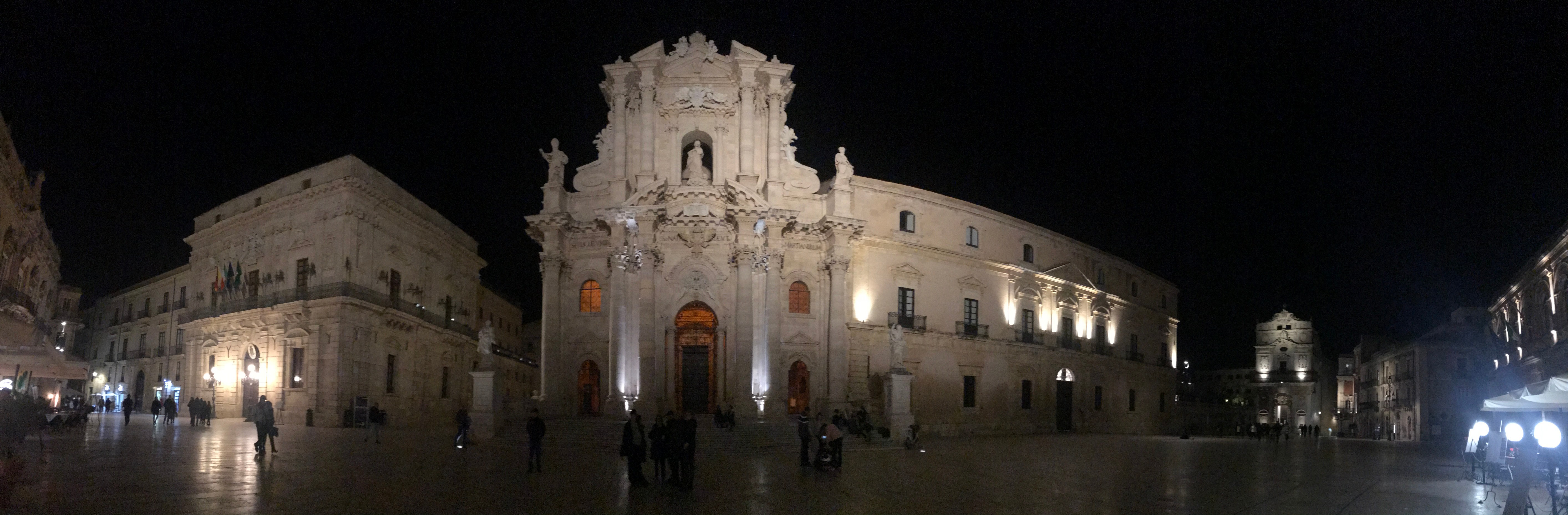 Piazza del Duomo in Ortigia at night, with the illuminated Baroque Cathedral of Syracuse as centerpiece