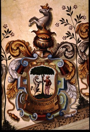 Coat of arms of Nicolaus Jaloci Zagrabiensis painted on the Archiginnasio Palace walls in Bologna