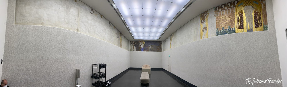 Panoramic view of the Beethoven Frieze room by Gustav Klimt at the Vienna Secession Building