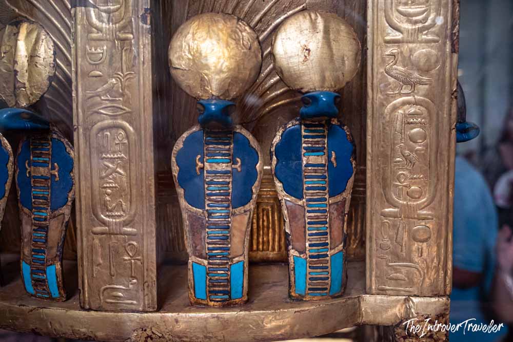 Gold and blue cobra figures on Tutankhamun's gilded throne, Egyptian Museum Cairo