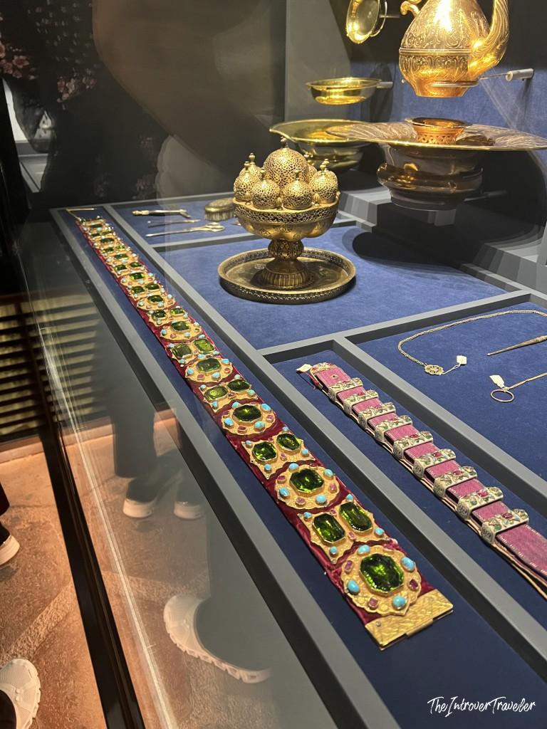 Jeweled Ottoman belts with emeralds and turquoise on display in Topkapi Palace Treasury, Istanbul
