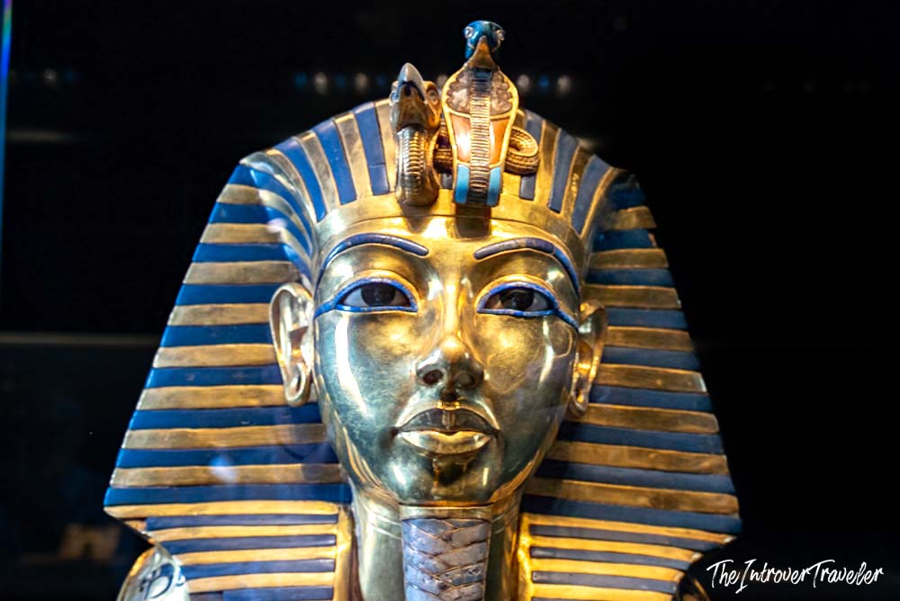 Tutankhamun's golden death mask, Egyptian Museum Cairo, gold and blue lapis lazuli closeup