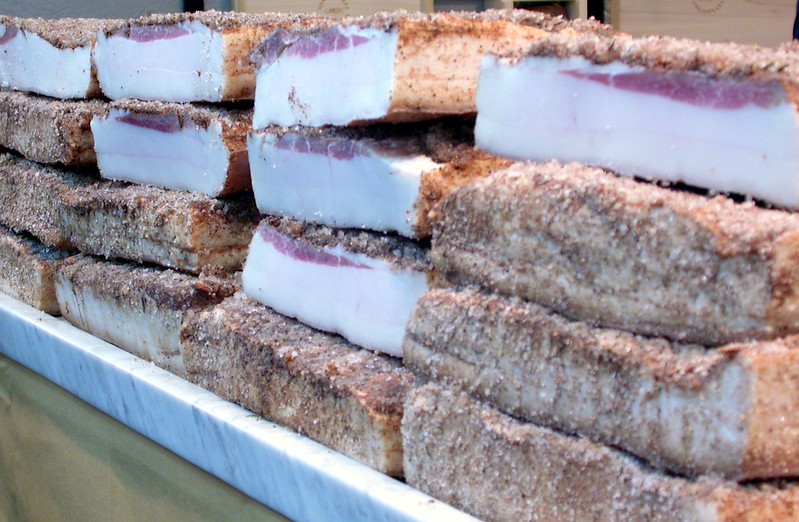Lardo di Colonnata slabs cured with spices, a prized delicacy of Tuscan cuisine