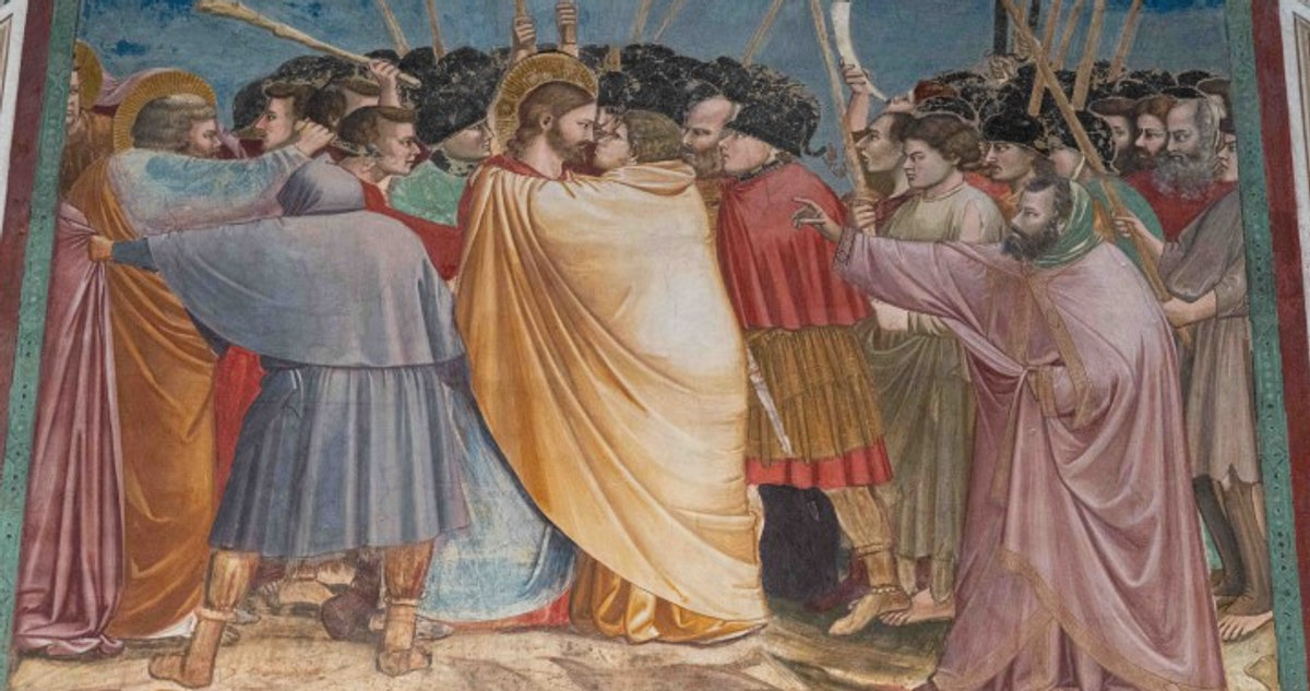 Giotto's Kiss of Judas fresco in the Scrovegni Chapel, Padua, circa 1304